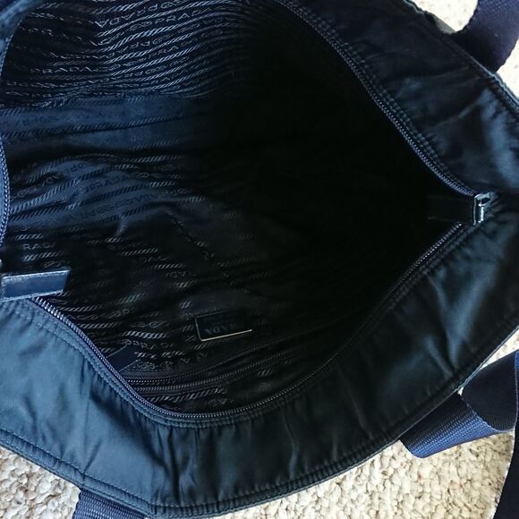 Black Prada nylon fabric with navy blue double handles tote - Picture 15 of 16